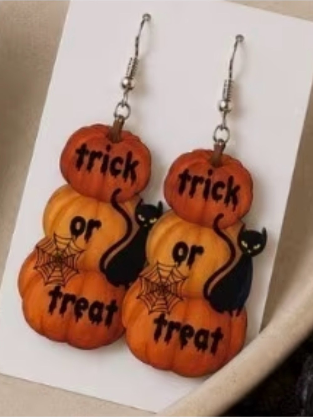 Orange Pumpkin 'Trick or Treat' Halloween Earrings with Black Cat